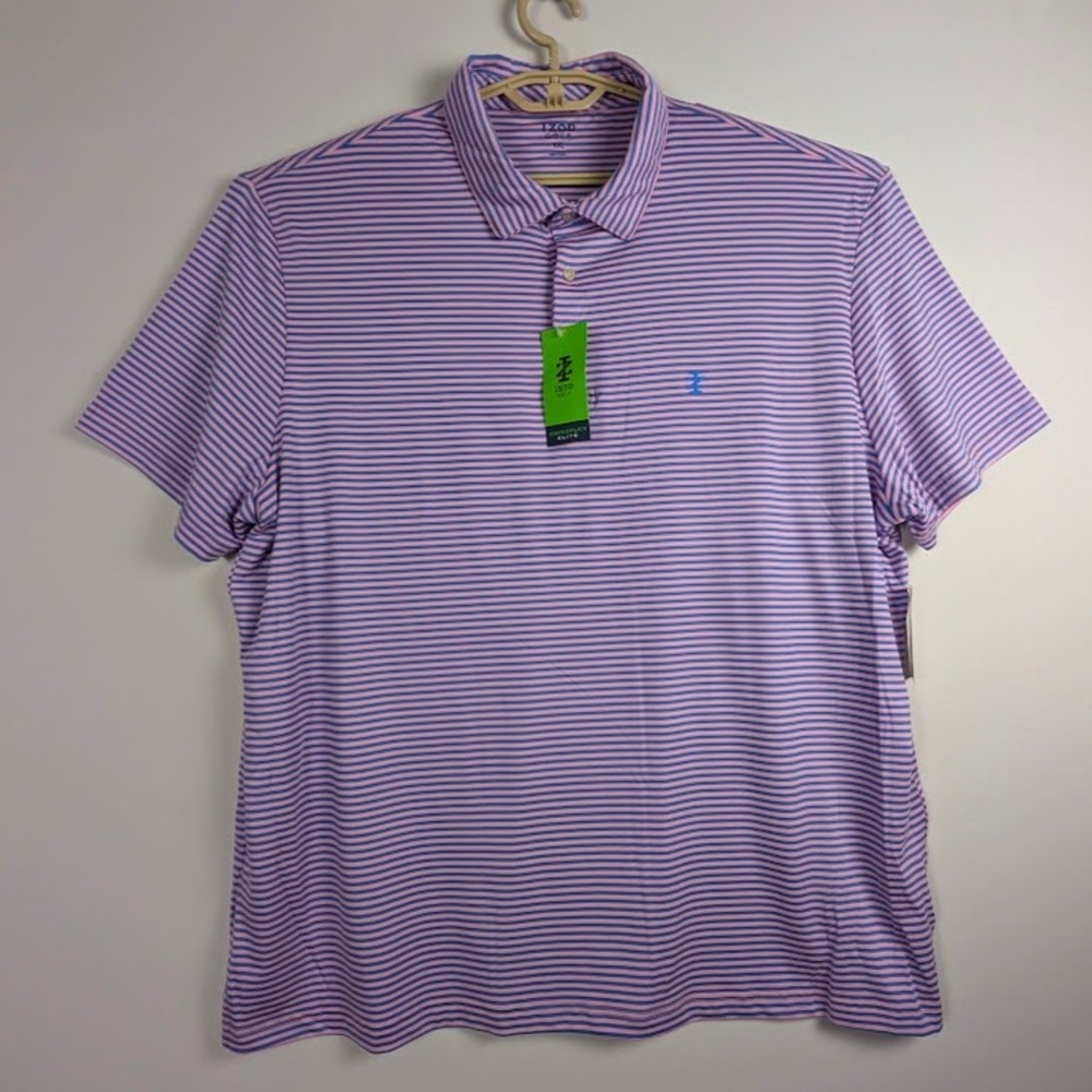 IZOD Golf Mens XXL Advantage Performance Polo Shirt Pink Blue Striped UPF-50 NWT